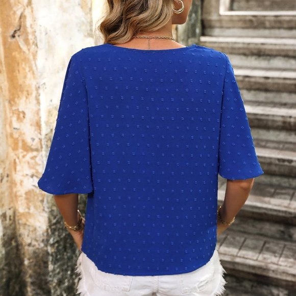 Blue Boho Womens Swiss Dot Butterfly Sleeve Blouse - Picture 3 of 5